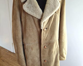 Cappotto vintage da uomo classico marrone beige in montone, giacca invernale in pelle Sherpa, prodotto in Canada, taglia 48.