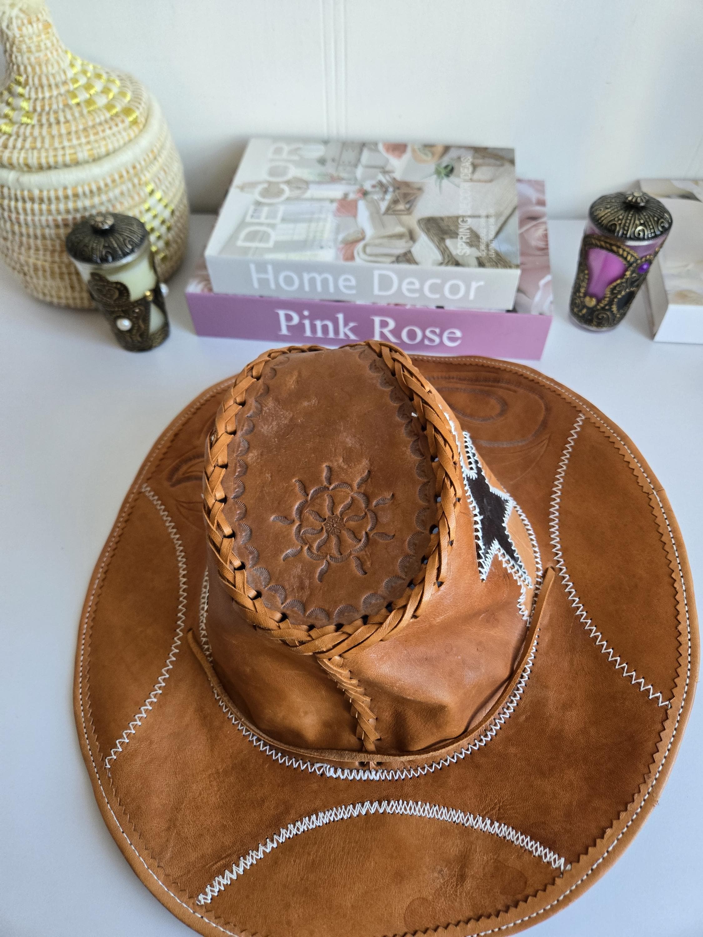 Vintage camel western hat Created by Hand Cowboy Hat emaciated and aged Camel tone in  main image 3