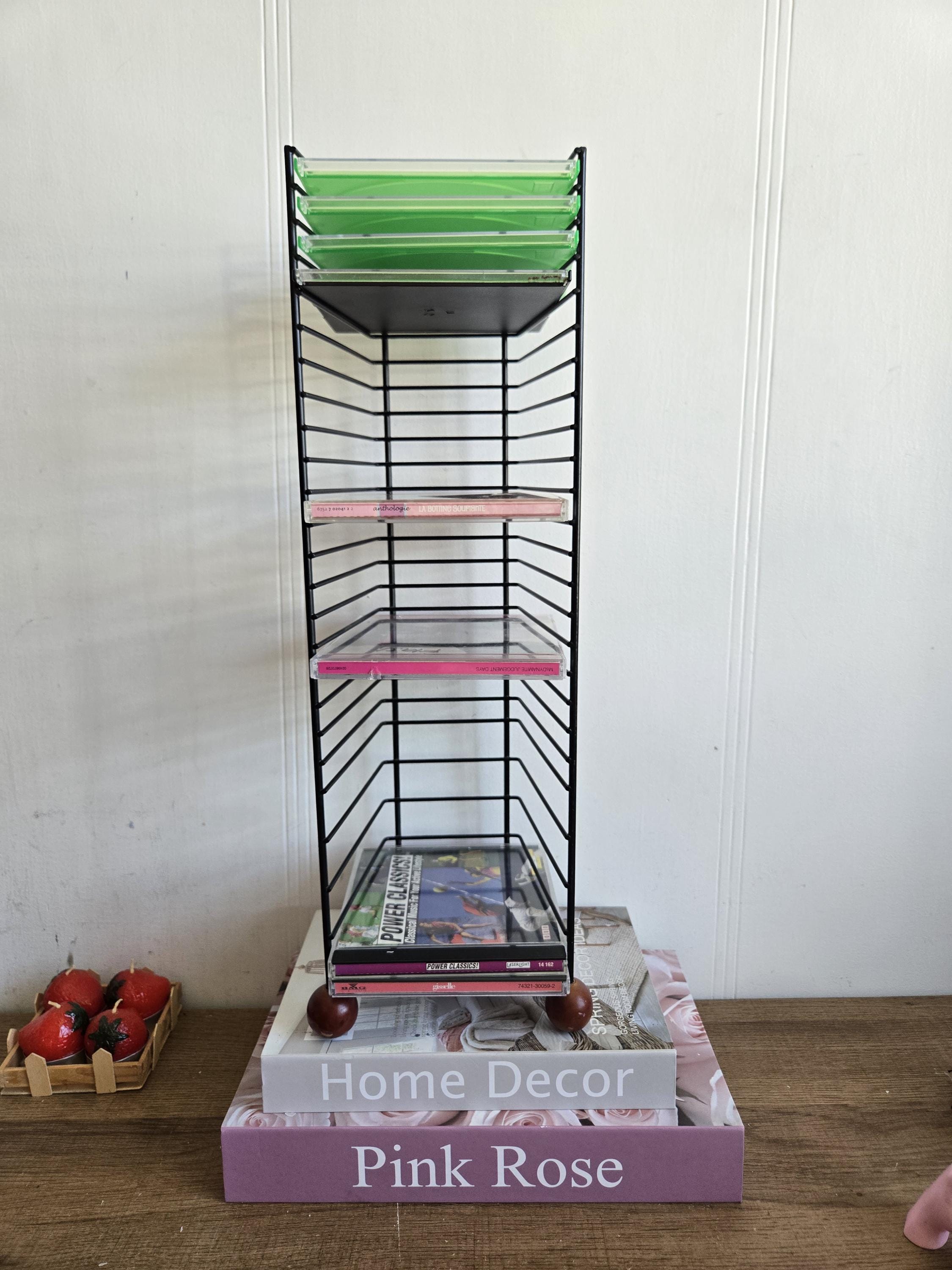 Vintage Black Metal CD/DVD Holder Storage Tower With Wooden Legs