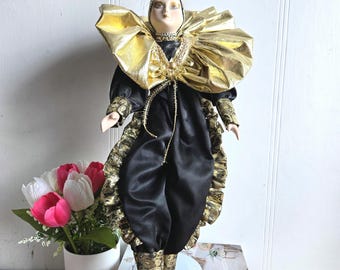 Vintage Venetian Porcelain Doll - Harlequin - 20" Collectible Doll ,Porcelain Doll ,Decorative Doll ,1980s.