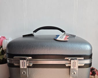 Vintage Train Suitcase - American Tourister - With Tray - Steel Blue - Gray - Travel Bag - Makeup Bag - Vintage Suitcase - Vintage Luggag
