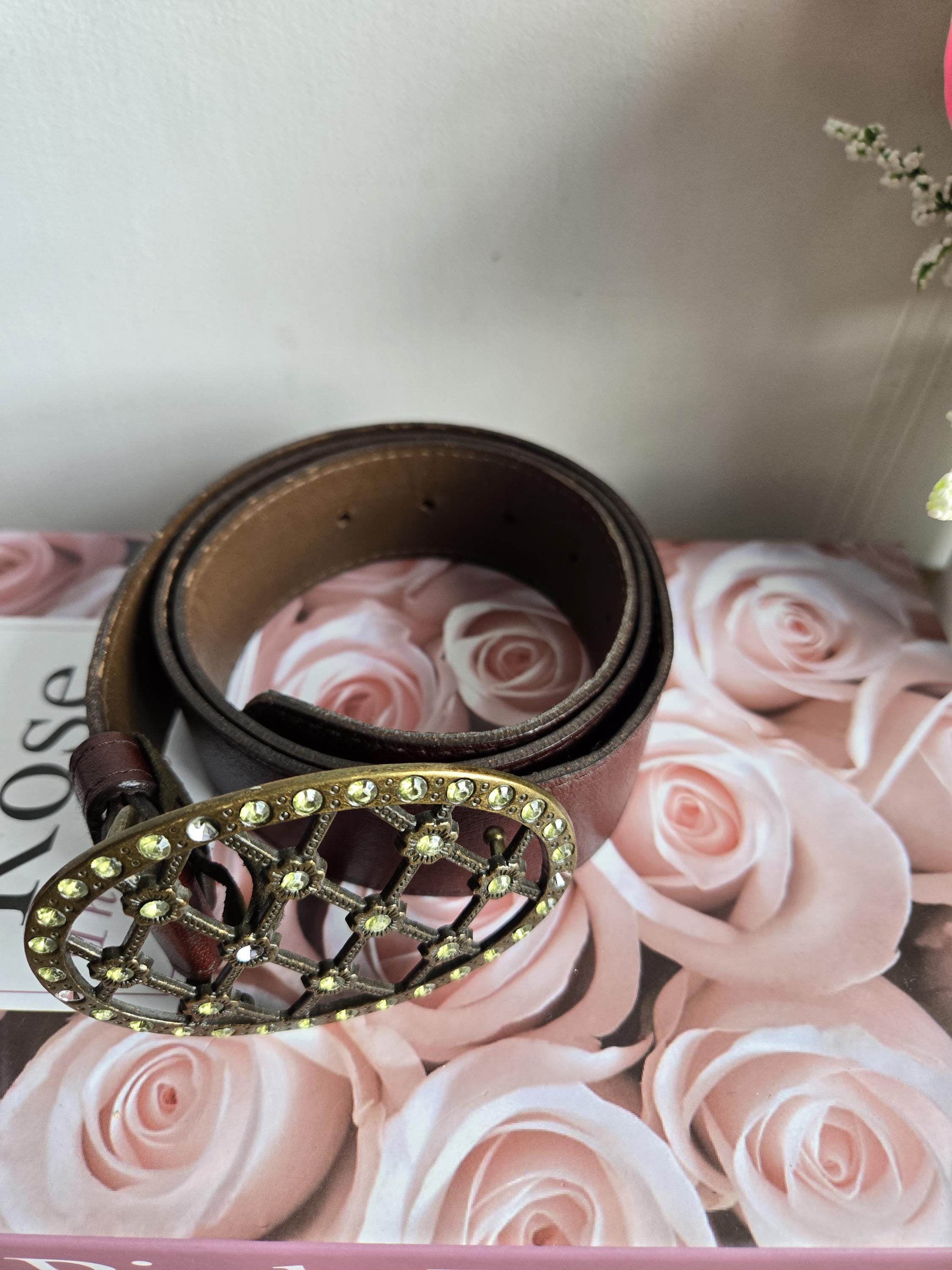 Vintage Landes Leather Belt Rhinestone Rose Buckle Medium 