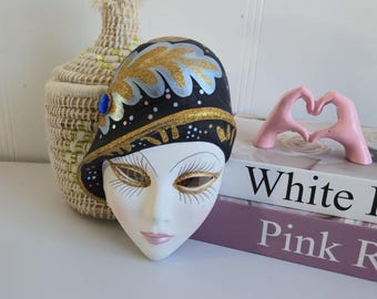 Vintage Retro 80s Pierrot Face Mask Hand Painted Ceramic Wall Hanging.