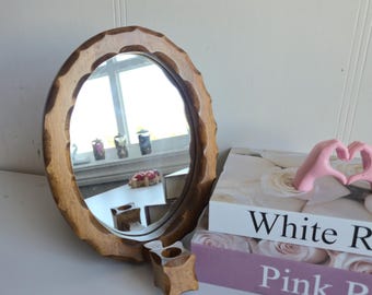 Vintage wall mirror, hand carved wooden mirror, mirror with a candleholder, old rustic mirror/candle holder, country home decor.