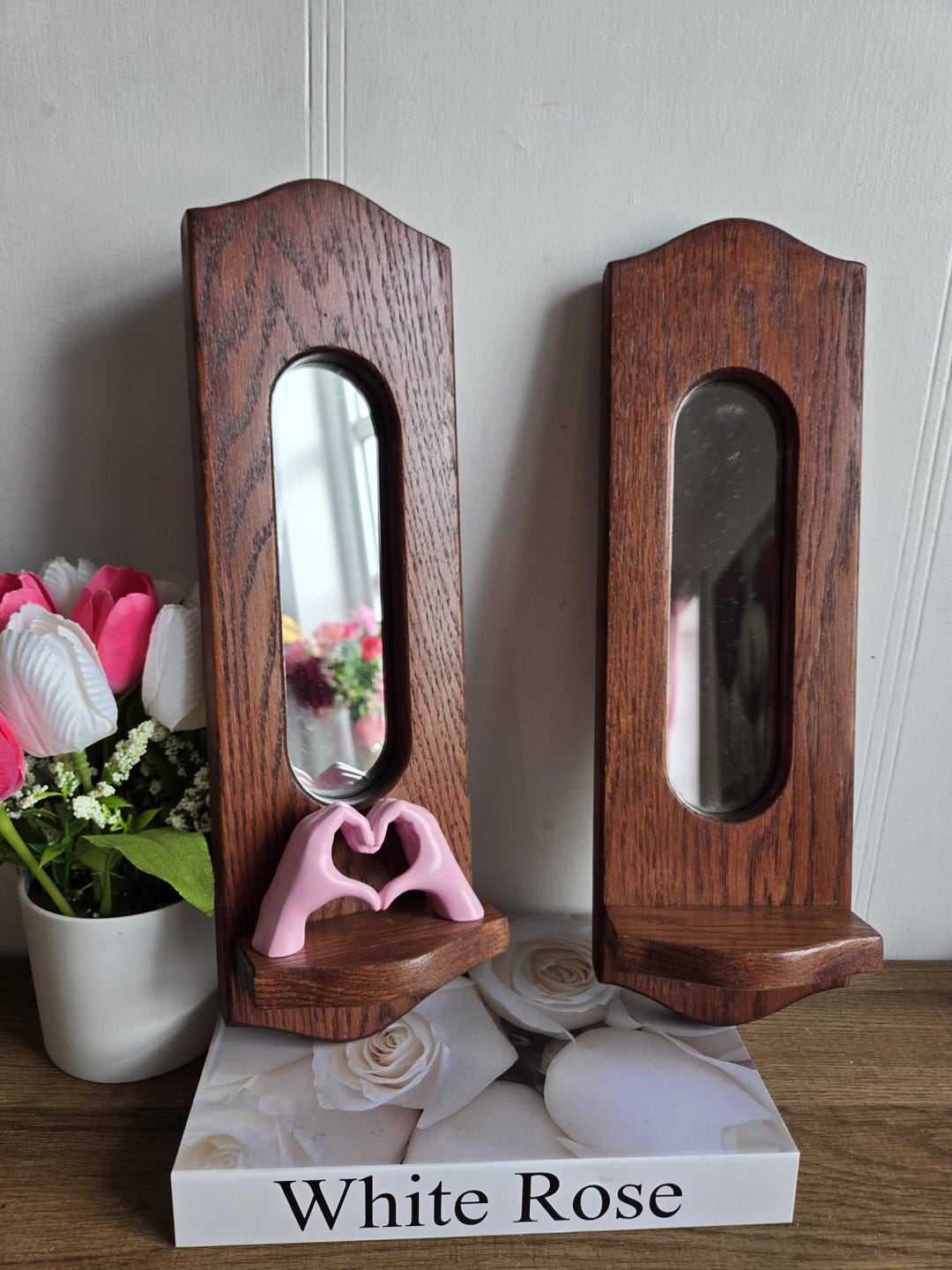 Vintage Wooden Wall Mounted Knick Knack Shelves With a Mirror in the ...
