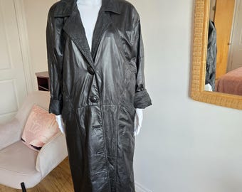 Vintage The Leather Ranch Black Leather Long Coat Jacket Women's - Size 1 - Made in Canada - Leather 100% -