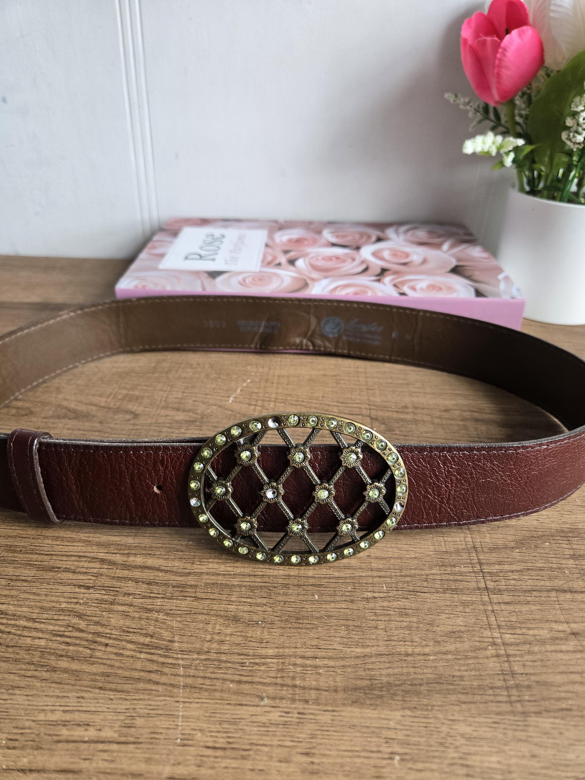 Vintage Landes Leather Belt Rhinestone Rose Buckle Medium  display picture 2
