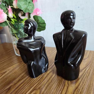 Vintage Modern Man and Woman Statue in Black Porcelain Art Deco Figurine