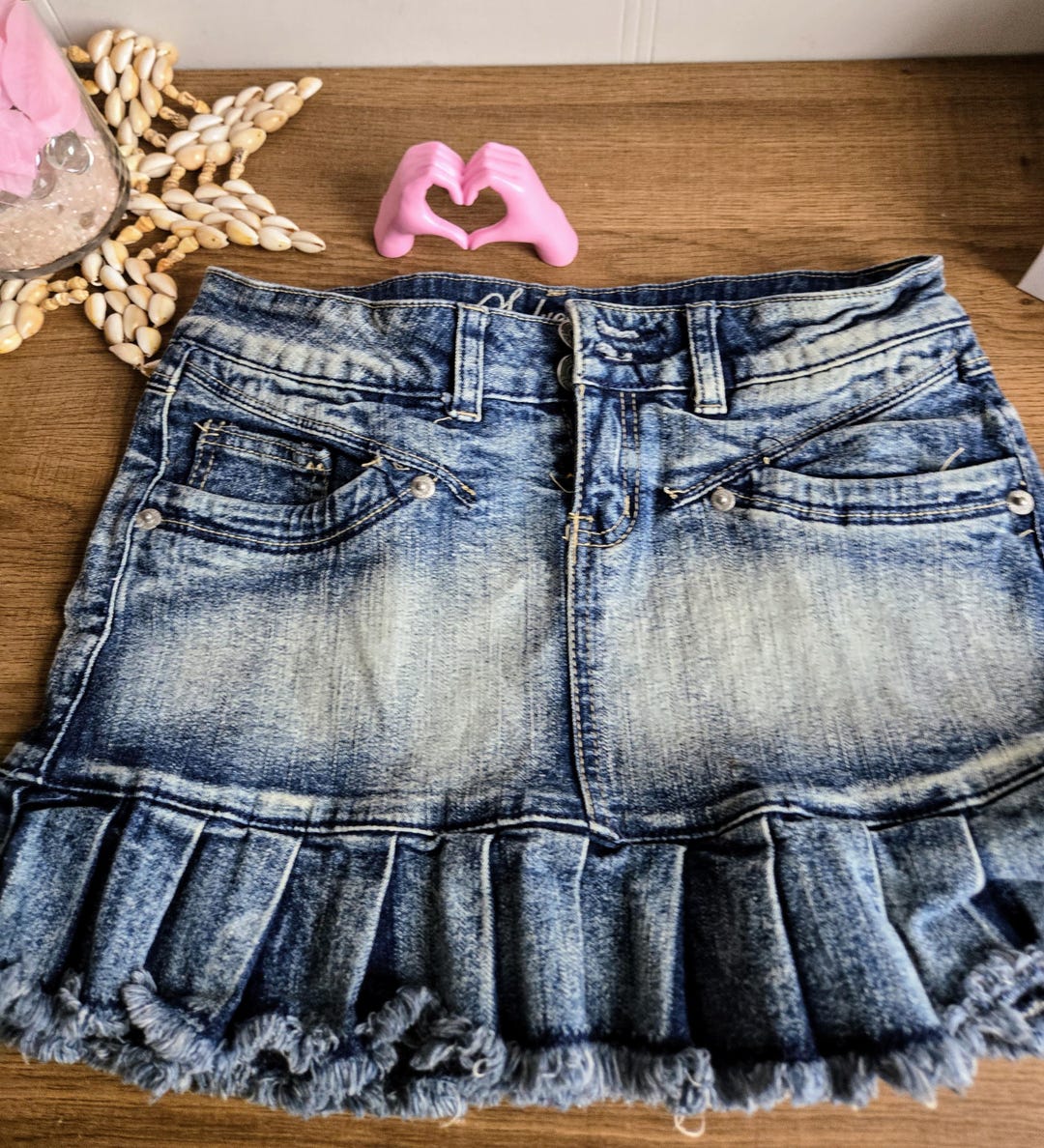 Vintage Blue Denim Skirt Soft Lace Patchwork Y2k Pleated Mini
