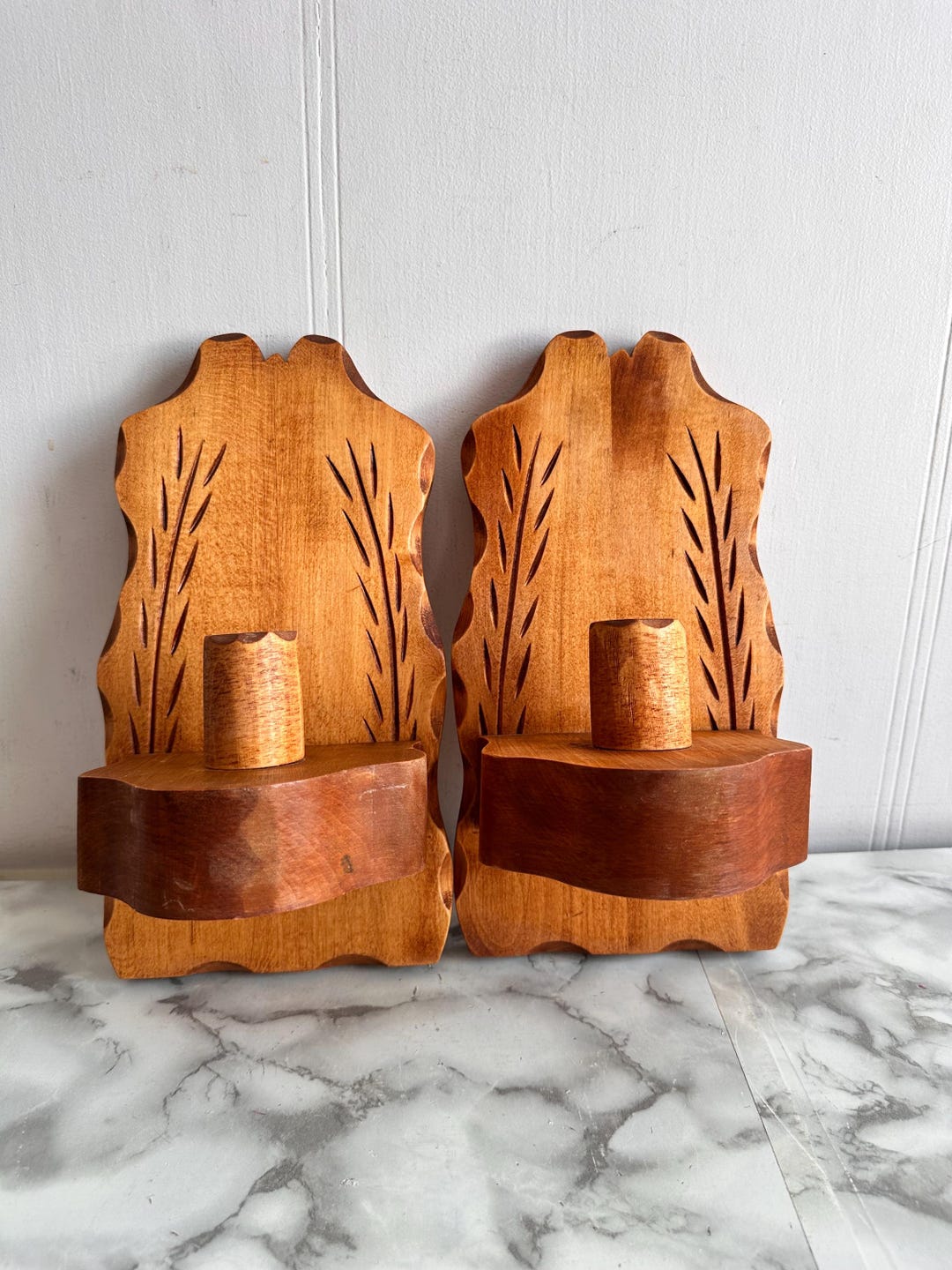 Vintage Pair carved Wood Wall Candle Holders ,Country Rustic, Sconce