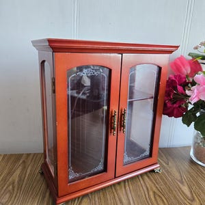 Vintage Wooden Glass Cabinet, Trinket Display Case, Wall Mounted, One Shelf, Glass Door, Boho Chic.