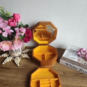 Vintage Jewelry Box Covered Reed Work Hexagonal Mirror Trinket Box Wooden Vanity