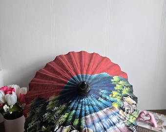 Parasol vintage pintado a mano, paraguas de bambú estilo japonés. Paraguas japonés pintado a mano.