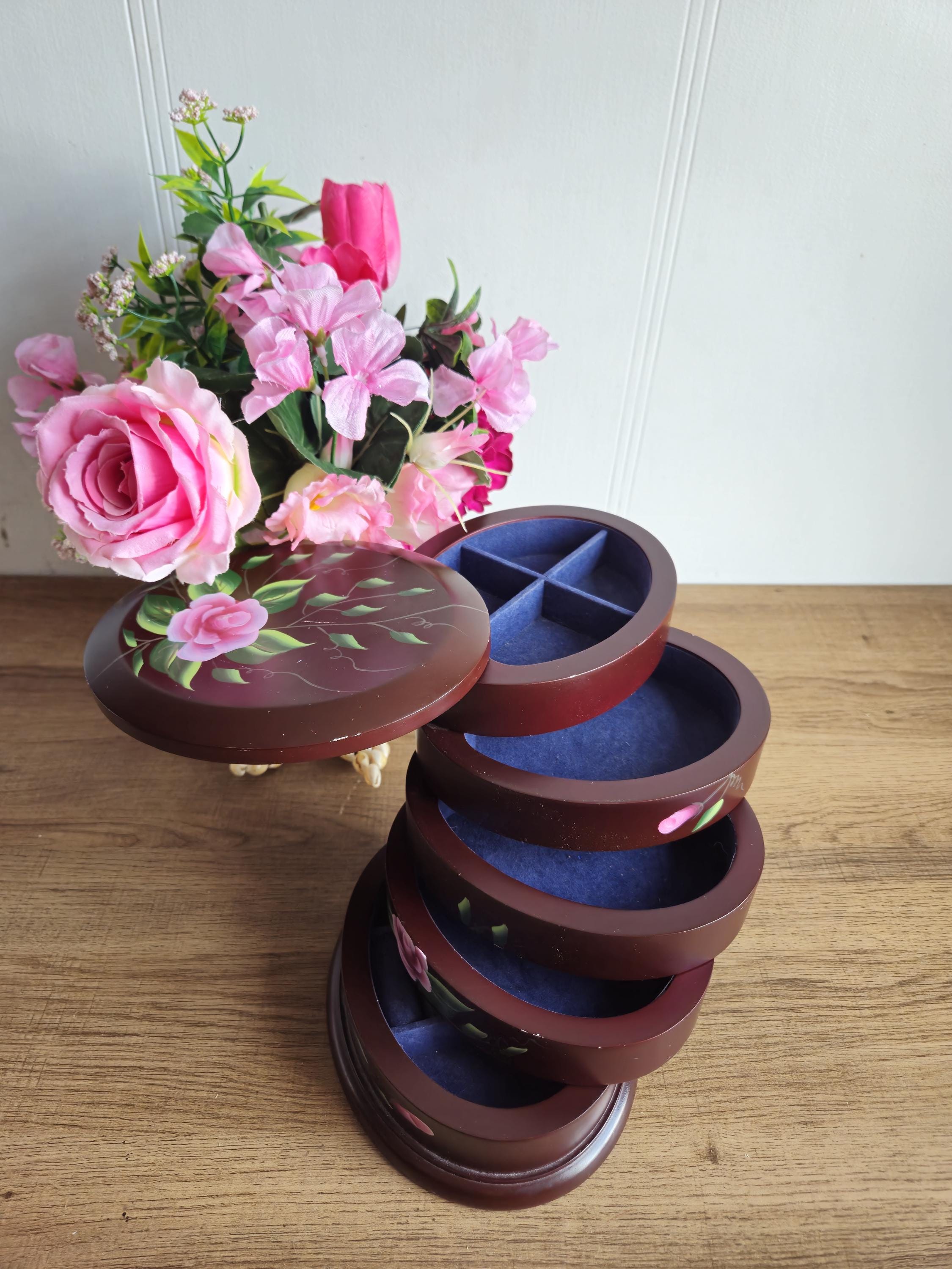 Vintage Flexzorb 5-tier Rotating Jewelry Box - Hand Painted Roses