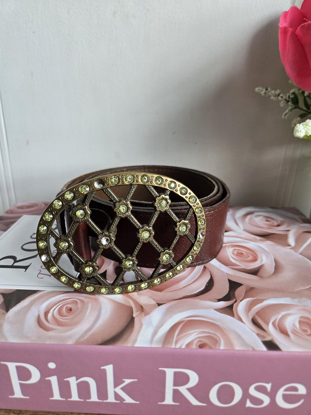 Vintage Landes Leather Belt Rhinestone Rose Buckle Medium  display picture 1