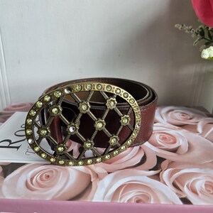 Vintage Landes Leather Belt Rhinestone Rose Buckle Medium Made In Canada.