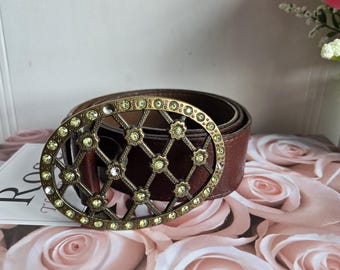 Vintage Landes Leather Belt Rhinestone Rose Buckle Medium  display picture 1