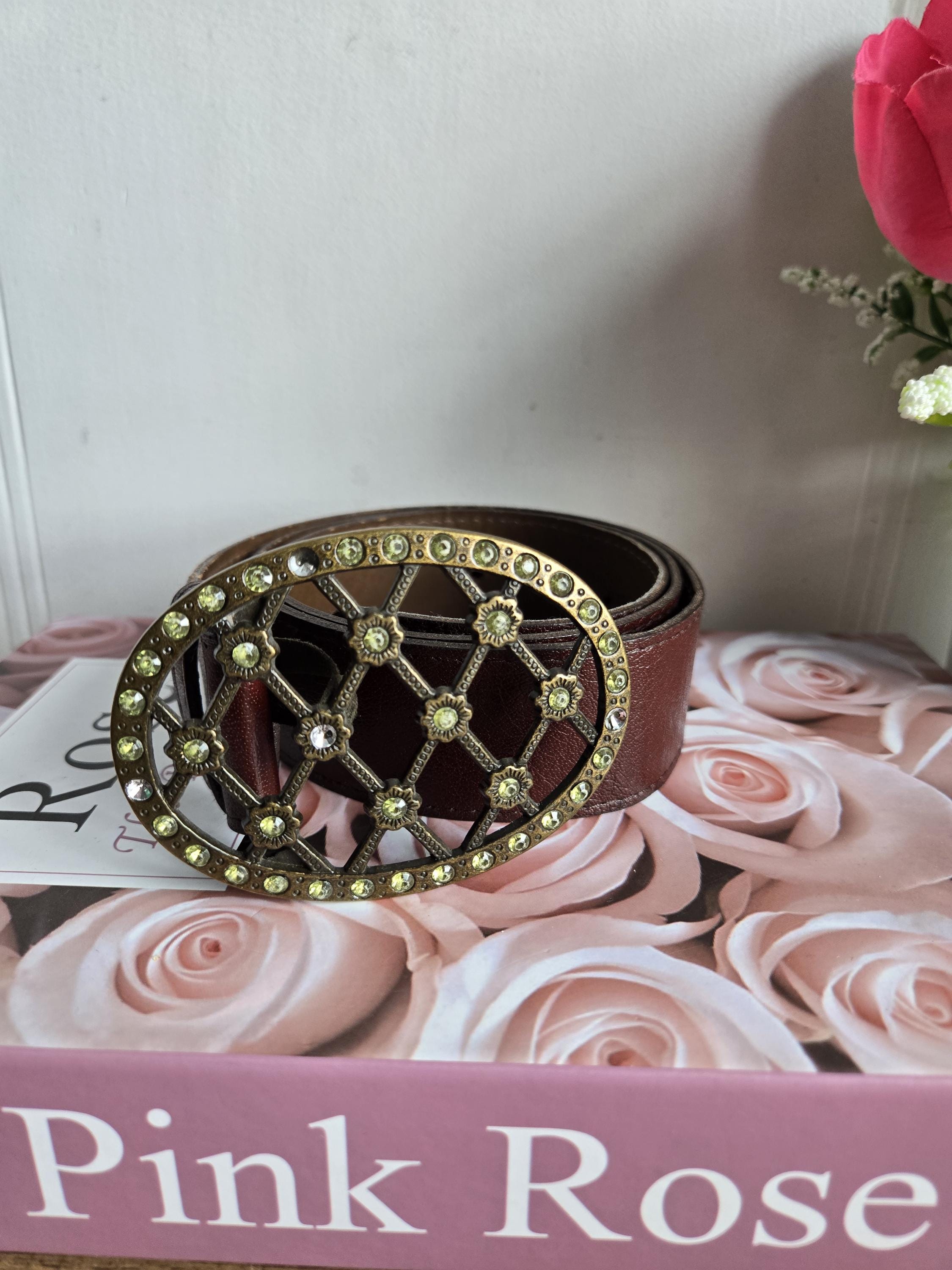 Vintage Landes Leather Belt Rhinestone Rose Buckle Medium  display picture 2