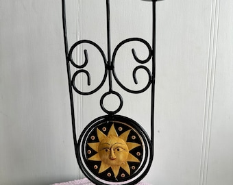 Vintage Celestial Sun Crescent Moon Wood & Black Metal Pillar Candle Holder 16" High.