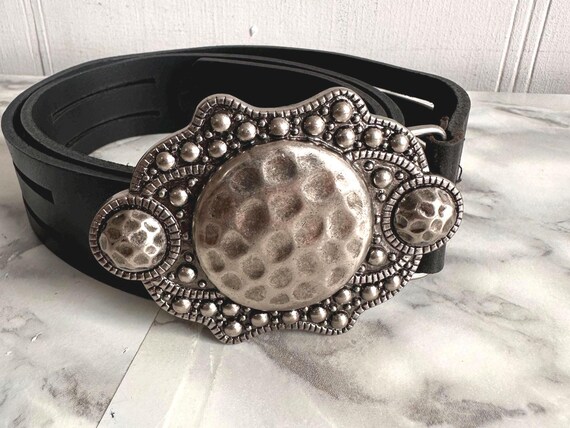 Vintage Black Leather Belt With Engraved Silver Buckle Size 