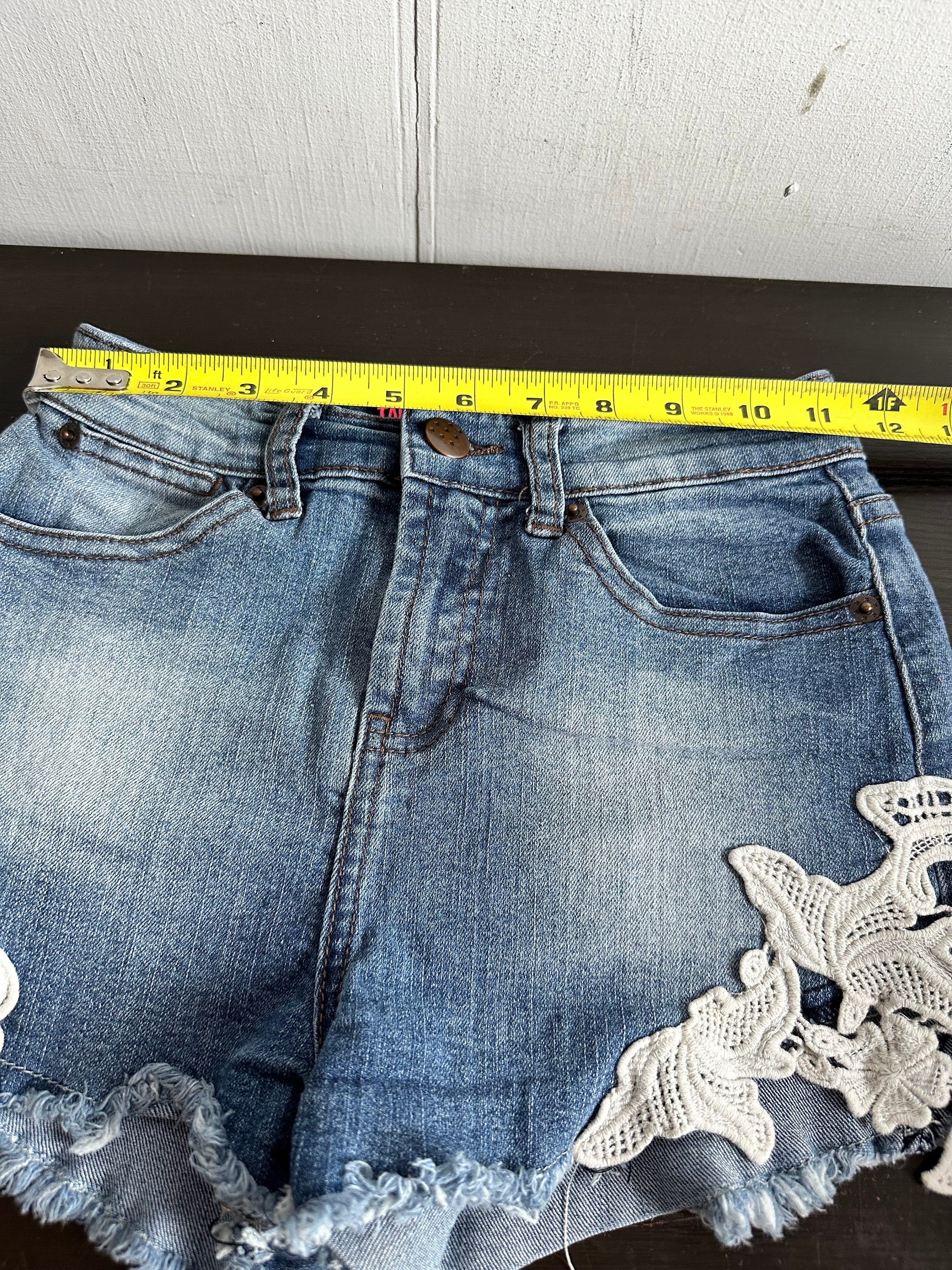 Vintage Wash Lace Crochet Trim Denim Jean Shorts, High Wast