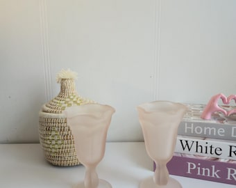 Vintage Pink Satin Frosted Tulip Sundae Glasses Dessert Cups,Set of 2.