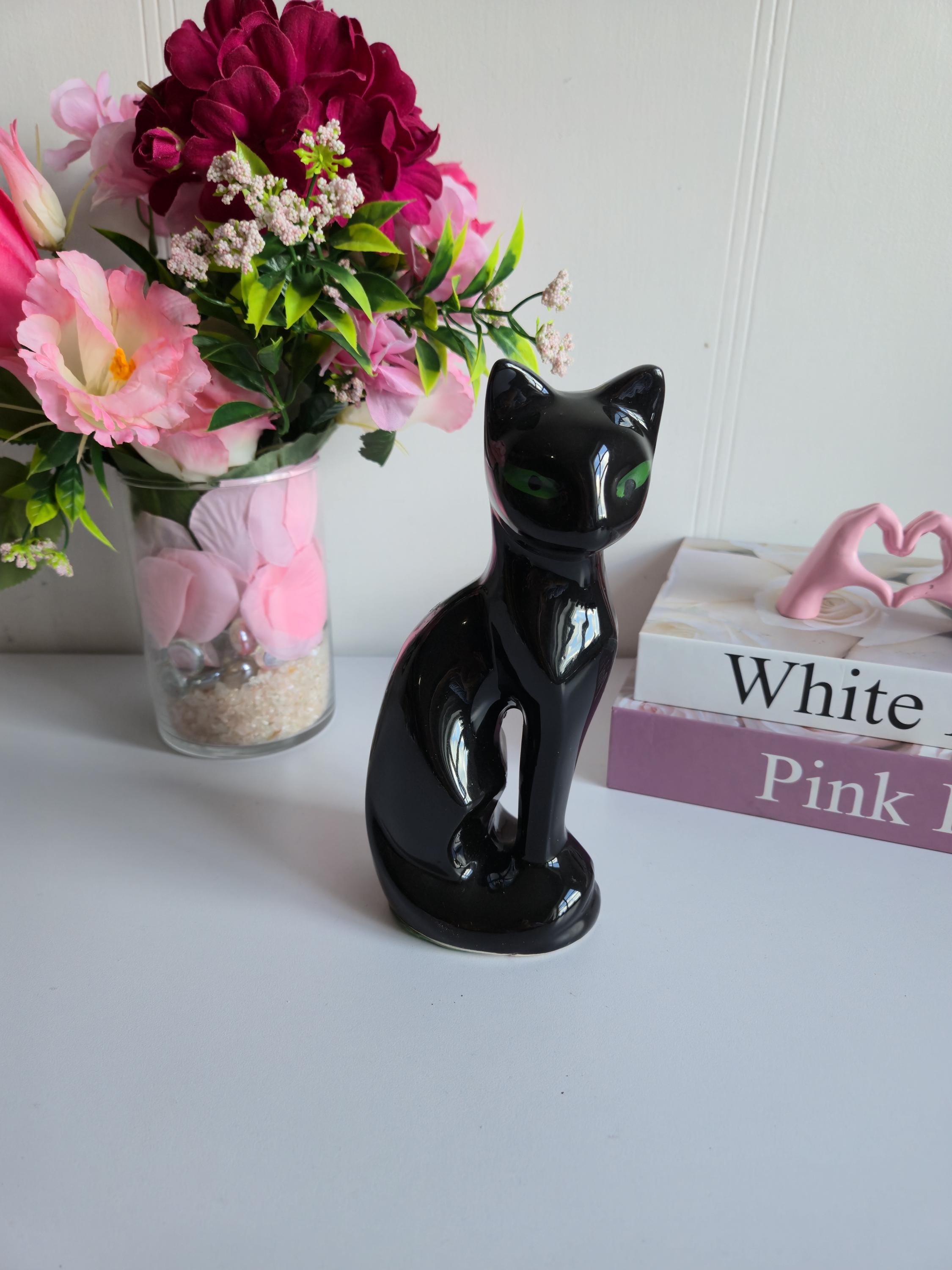 Vintage Black Ceramic Cat, Jade Green Eyes, Ceramic Black Cats