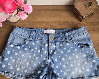 Pantalones cortos vaqueros vintage Y2K de cintura baja, pantalones cortos con estampado de estrellas sexys para verano, talla 26/Mediana.