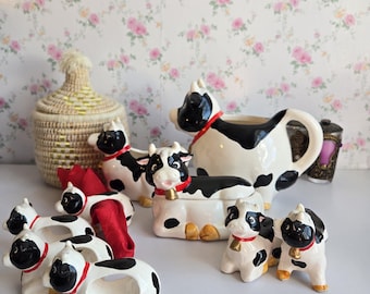 Vintage rare full set cow dairy, sugar, salt and pepper, napkins holders black and white farmhouse.