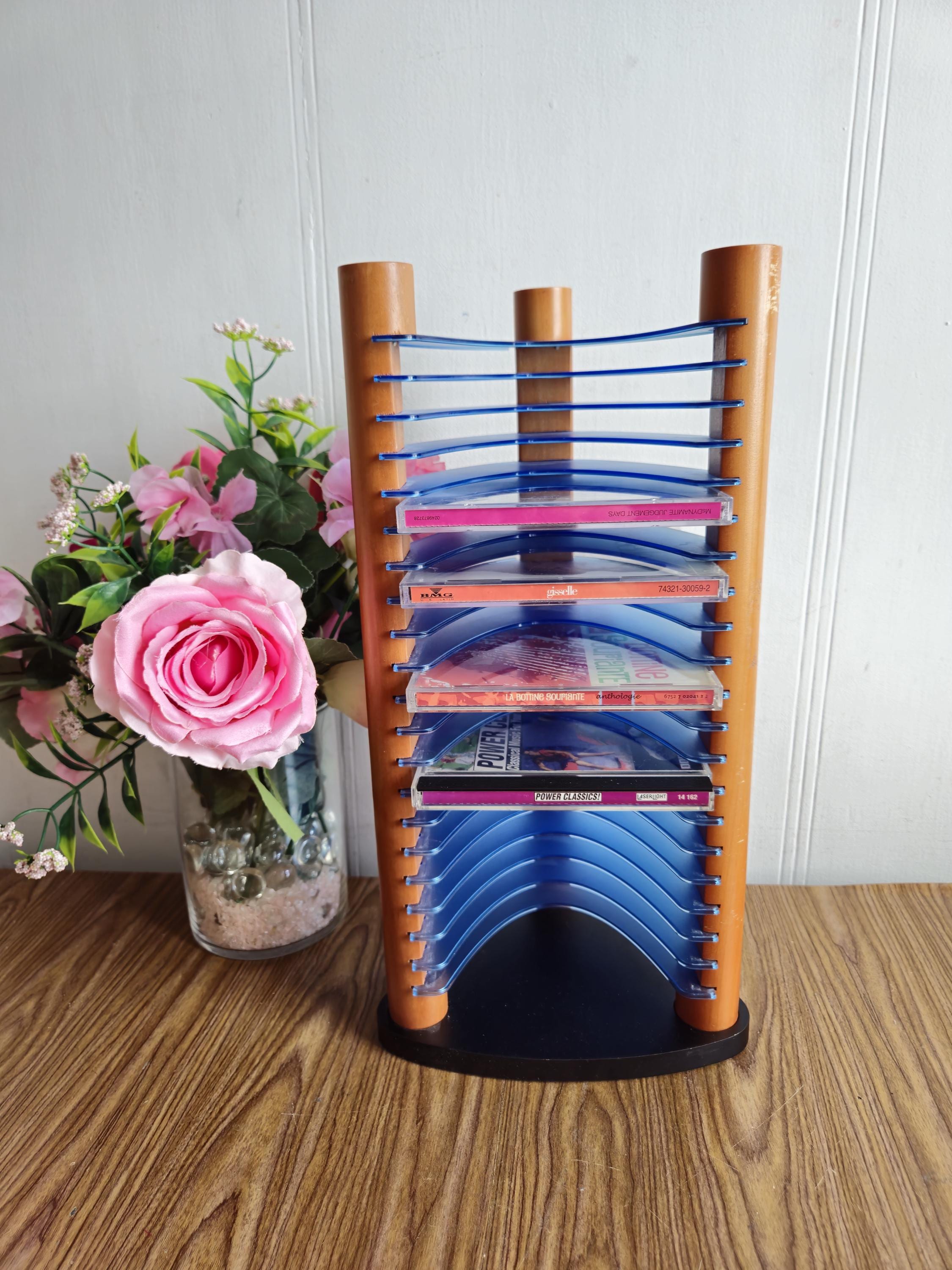 Vintage Early 90s 20 CD Tower Stand, Blue and Imitation Wood