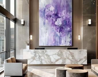 Elegante arte floreale viola, dipinto di fiori astratti, moderna decorazione da parete botanica, lussuoso download digitale, poster stampabile contemporaneo