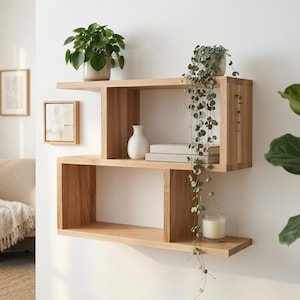 Japandi style ash wood wall shelf, two tier minimalist floating rack
