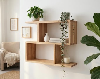 Vägghylla i askträ i Japandi-stil, minimalistiskt svävande ställ i två nivåer