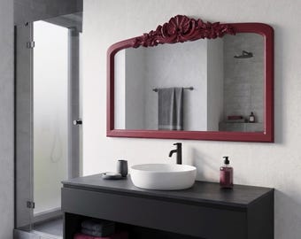 Specchio da bagno color bordeaux, decorazione murale vittoriana in legno intagliato