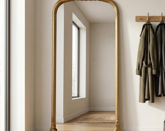 Antiekgouden passpiegel, Victoriaans gesneden houten vloerglas