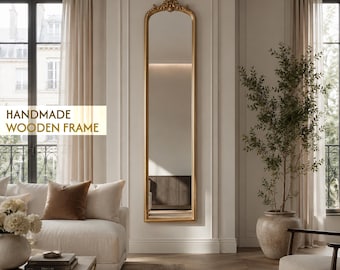 Espejo alto y estrecho de pared de madera de roble, decoración de habitación real en madera tallada en oro