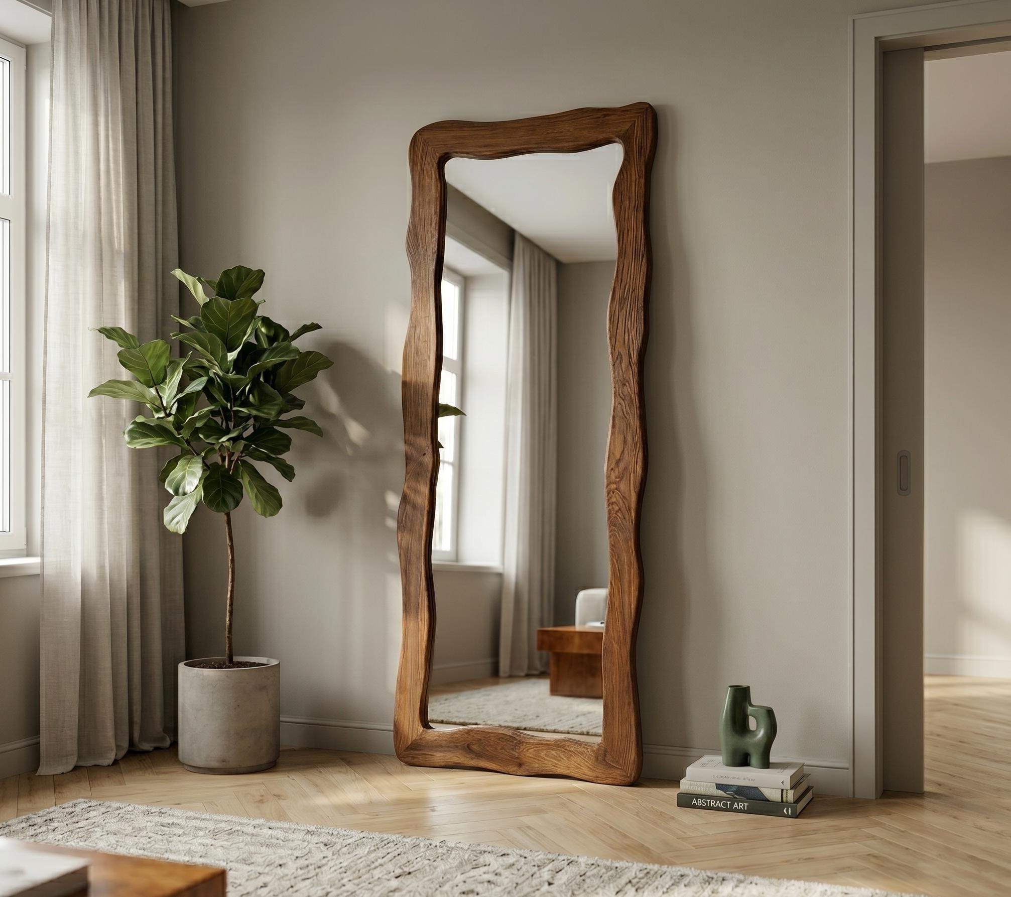 Brown Solid Oak Japandi Mirror, Wabi Sabi Full Body Floor Mirror