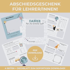 Könnte beinhalten: Ein digitaler Download von druckbaren Lehrer-Anerkennungsseiten. Die Seiten haben Ausfüllfelder mit Illustrationen einer Rakete, eines Bleistifts, eines Globus und eines Schulbusses. Der Text enthält "Mein Name", "Danke" und "PDF Download".