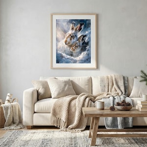 Liebre ártica con su cría – Pintura invernal realista con pinceladas finas – Arte mural de fauna nevada – Imprimible