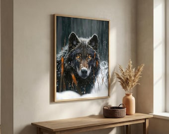 Impresión de Lobo Negro en la Nieve: Arte de Vida Silvestre Majestuoso (Descarga Digital)