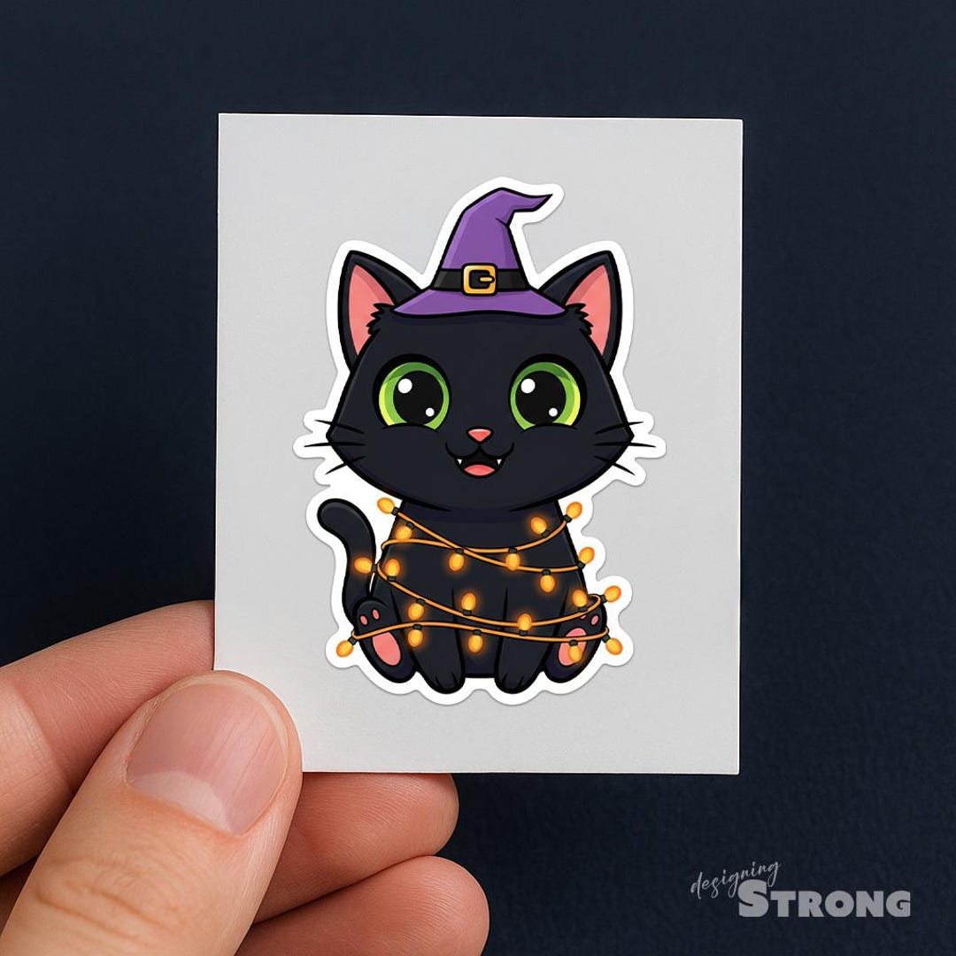 Black Cat Halloween Sticker: Witch Hat Kitty With Lights - Etsy