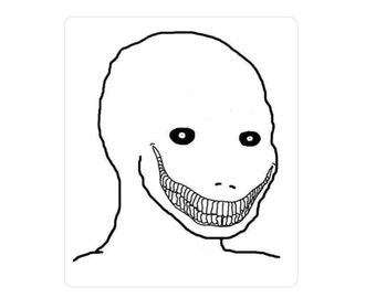 May include: A black and white line drawing of a person with a large, exaggerated smile. The person's eyes are wide and black, and their mouth is open in a wide grin.