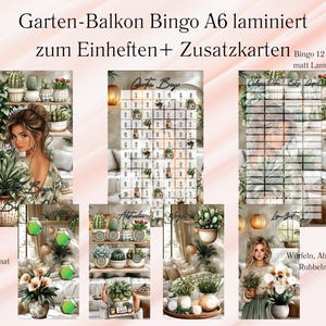 Könnte beinhalten: Eine Sammlung laminierter A6-Bingo-Karten mit dem Text "Garten-Balkon Bingo" und "zum Einheften + Zusatzkarten". Die Karten zeigen Illustrationen von Pflanzen, Kakteen und Frauen. Der Text "Bingo 12 auf 6 matt Laminiert" ist ebenfalls vorhanden.
