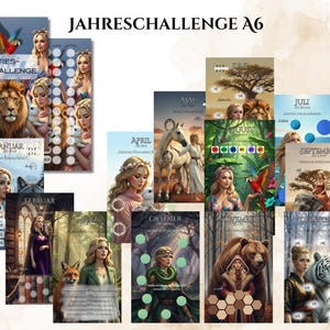 Könnte beinhalten: Eine Sammlung von illustrierten A6-großen Monatskarten. Jede Karte zeigt eine Frau mit Tieren und Naturszenen, darunter ein Löwe, ein Papagei und ein Bär. Die Karten sind mit Monaten und dem Text "Jahreschallenge A6" beschriftet.