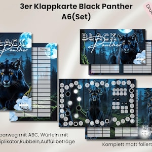 Könnte beinhalten: Ein Set aus drei Karten zum Thema Black Panther. Jede Karte zeigt eine Illustration eines schwarzen Panthers mit den Worten "Black Panther" in einer stilisierten Schriftart. Die Karten haben einen dunkelblauen Hintergrund mit einem Wald- und Monddesign.