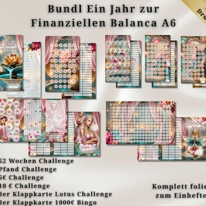 Könnte beinhalten: Eine Sammlung von A6-Finanzplanungs-Einsätzen mit floralen und Fantasy-Illustrationen. Die Einsätze beinhalten eine 52-Wochen-Challenge, eine Pfand-Challenge und andere finanzielle Herausforderungen. Text enthält "Bundl Ein Jahr zur Finanziellen Balanca A6".