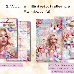 Könnte beinhalten: Ein Satz farbenfroher A6-Planereinlagen zum Thema Rainbow. Die Einlagen zeigen Illustrationen einer Frau mit Regenbogenhaar, Make-up und floralen Hintergründen. Der Text enthält "12 Wochen Einheftchallenge" und "Rainbow STATEMENT". Die Einlagen sind matt laminiert.