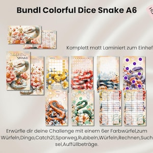 Könnte beinhalten: Eine Sammlung farbenfroher Würfelspielkarten mit Schlangenillustrationen und floralen Akzenten. Die Karten sind mit "Colorful Dice Snake A6" und "Handmade" beschriftet. Die Karten haben verschiedene Designs und Layouts für unterschiedliche Spiele.