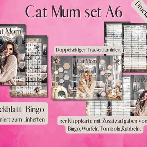 Könnte beinhalten: Ein rosa Werbebild mit dem Text "Cat Mum set A6". Das Bild zeigt eine Frau, die eine Katze hält, zusammen mit verschiedenen Drucksachen, darunter ein Kalender, ein Tracker und Karten. Der Text "Cat Mom" ist sichtbar.