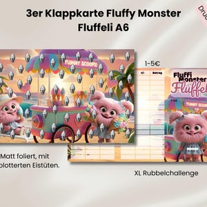3er Klappkarte Fluffy Monster Fluffeli XL Rubbelchallenge A6